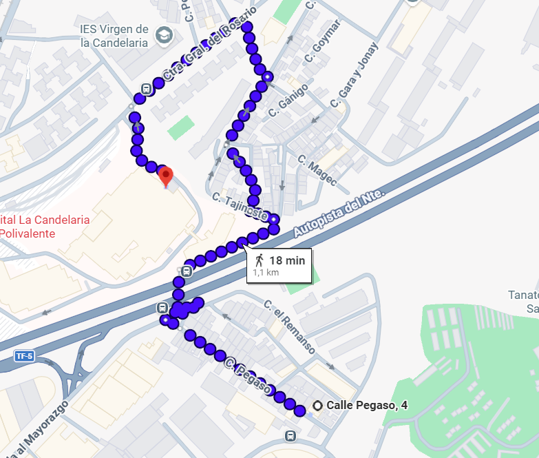 Walking route from Pescado Salado CoLiving to Hospital Universitario Nuestra Señora de Candelaria